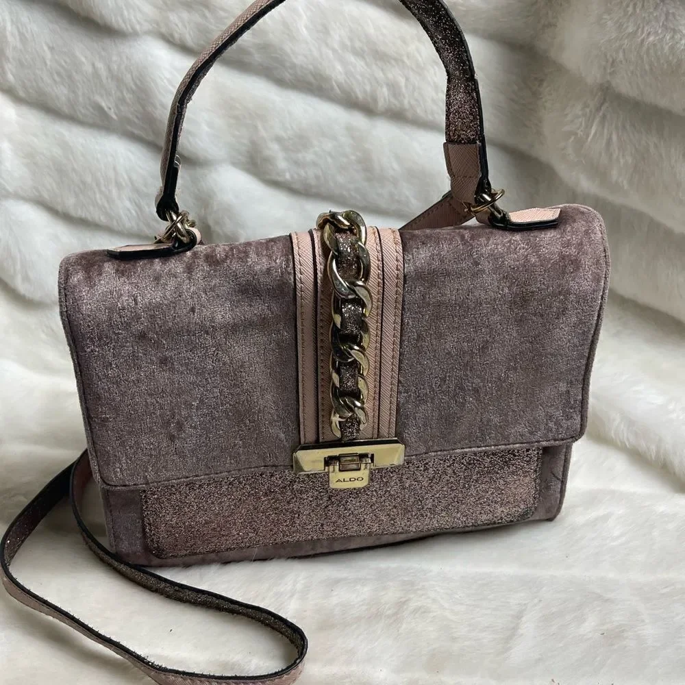 Aldo rose gold glitter &light brown velvet satchel/shoulder bag gold tone accent